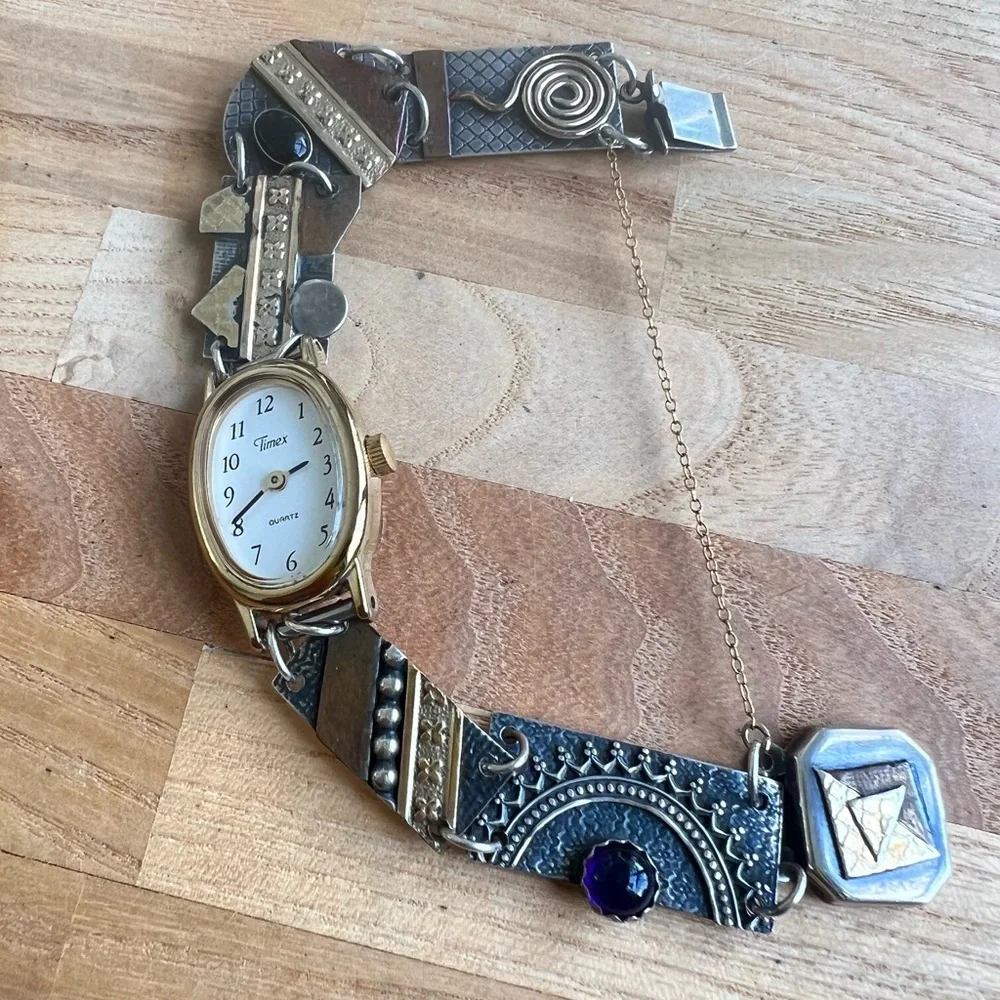 Artisan Sterling silver mixed material bracelet Timex oval watch NEW BATTERY